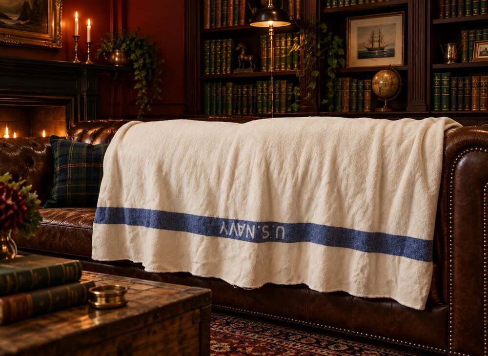 US Navy Vintage Wool Blanket Off White Blue Stripe